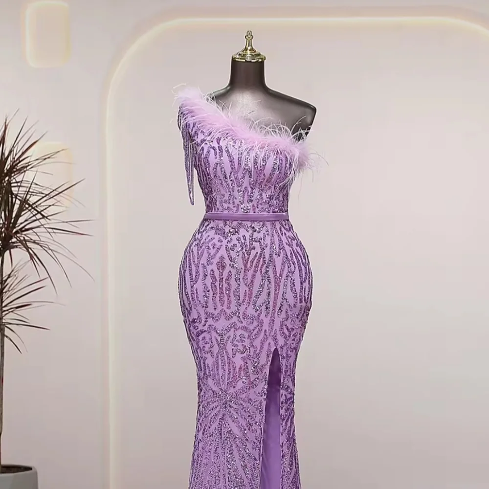 Purple, Geo Print, Assymmetrical Neck, Ostrich Feather, Beaded, Sequined Gown - Picture 10 of 16
